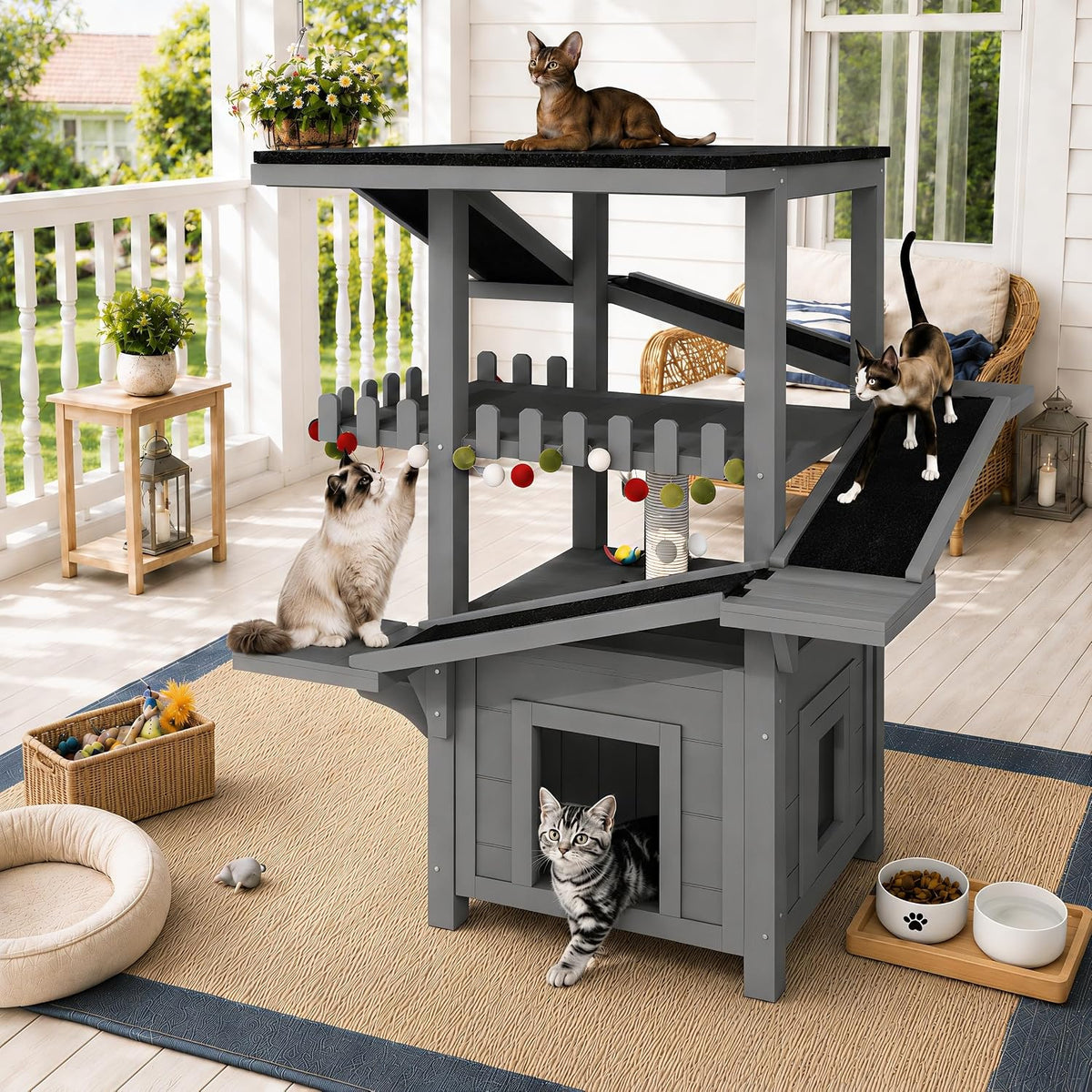 Grey four-tier outdoor wooden cat house with ramps and roof