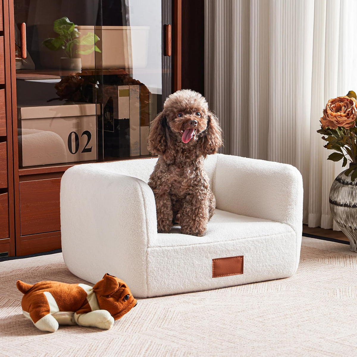 White faux shearling raised dog sofa bed with small leather nameplate – view 3