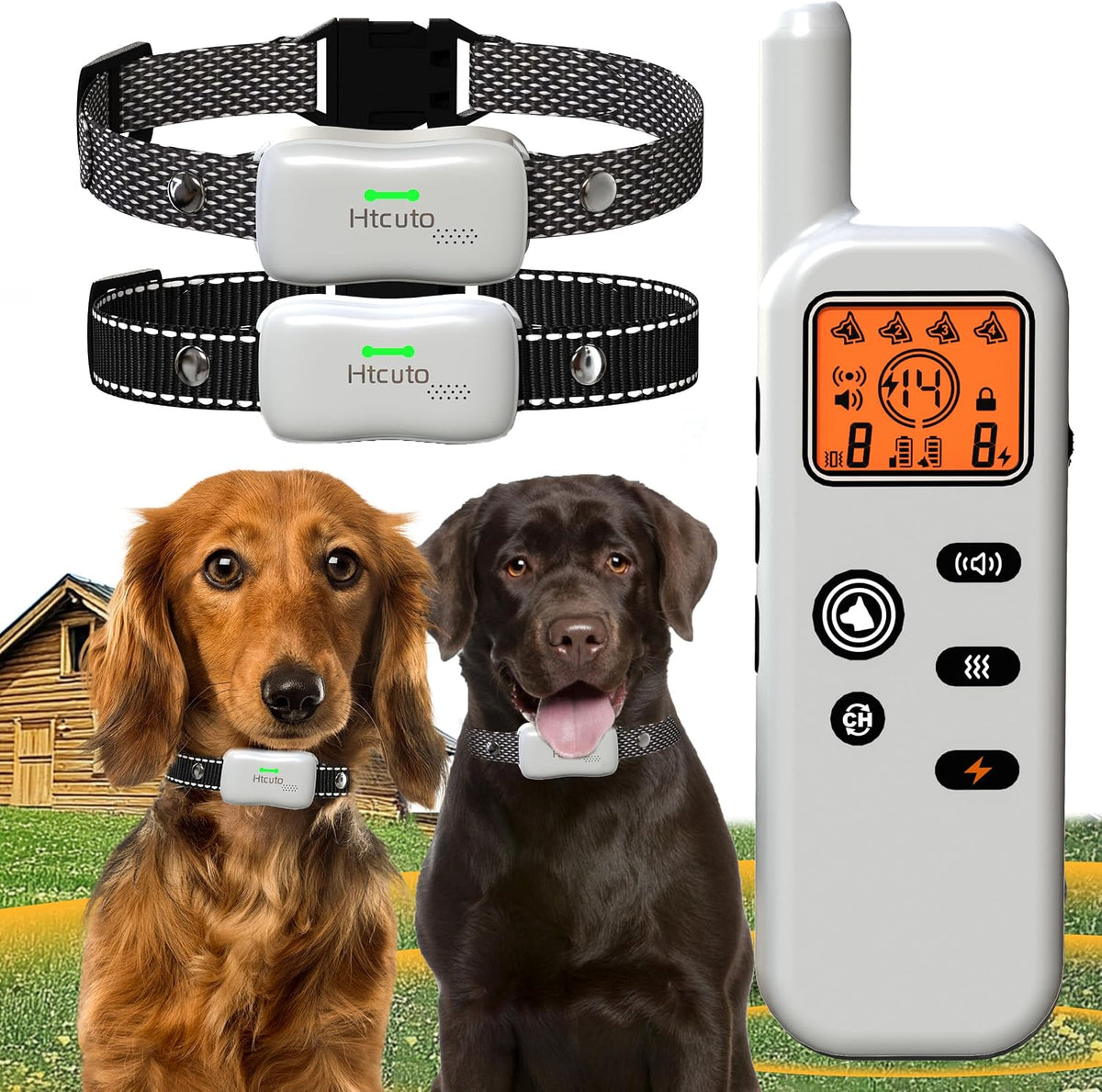 Grayish waterproof dog training collar with handheld remote and wrist strap