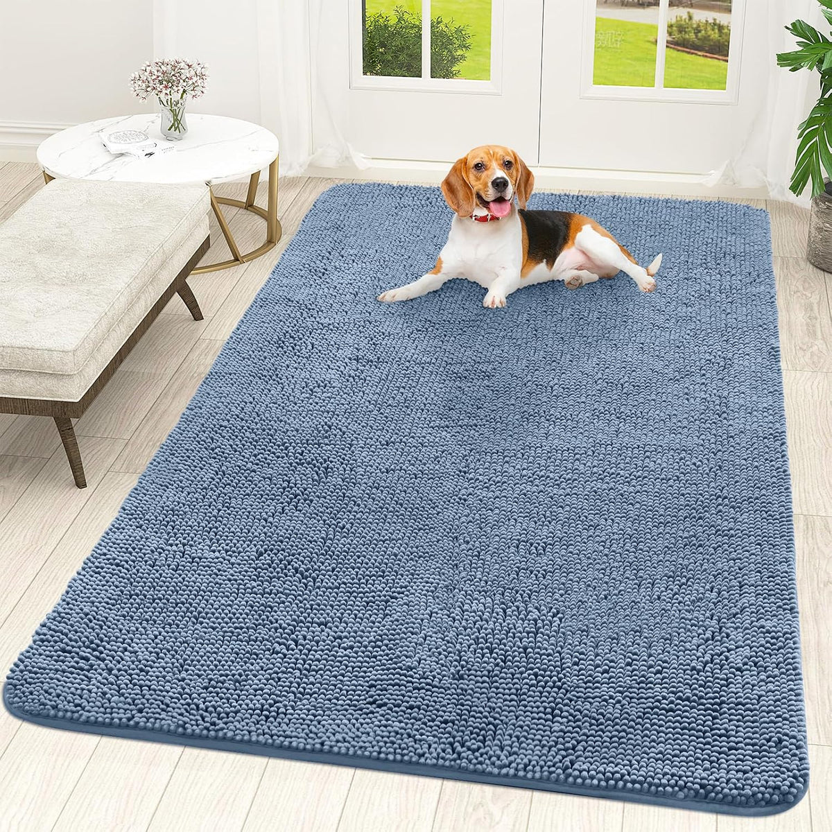 Airy blue chenille dog door mat with non-slip backing at an entryway