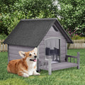 Extra large wood-grain outdoor dog house with front porch and PVC door curtain – view 6