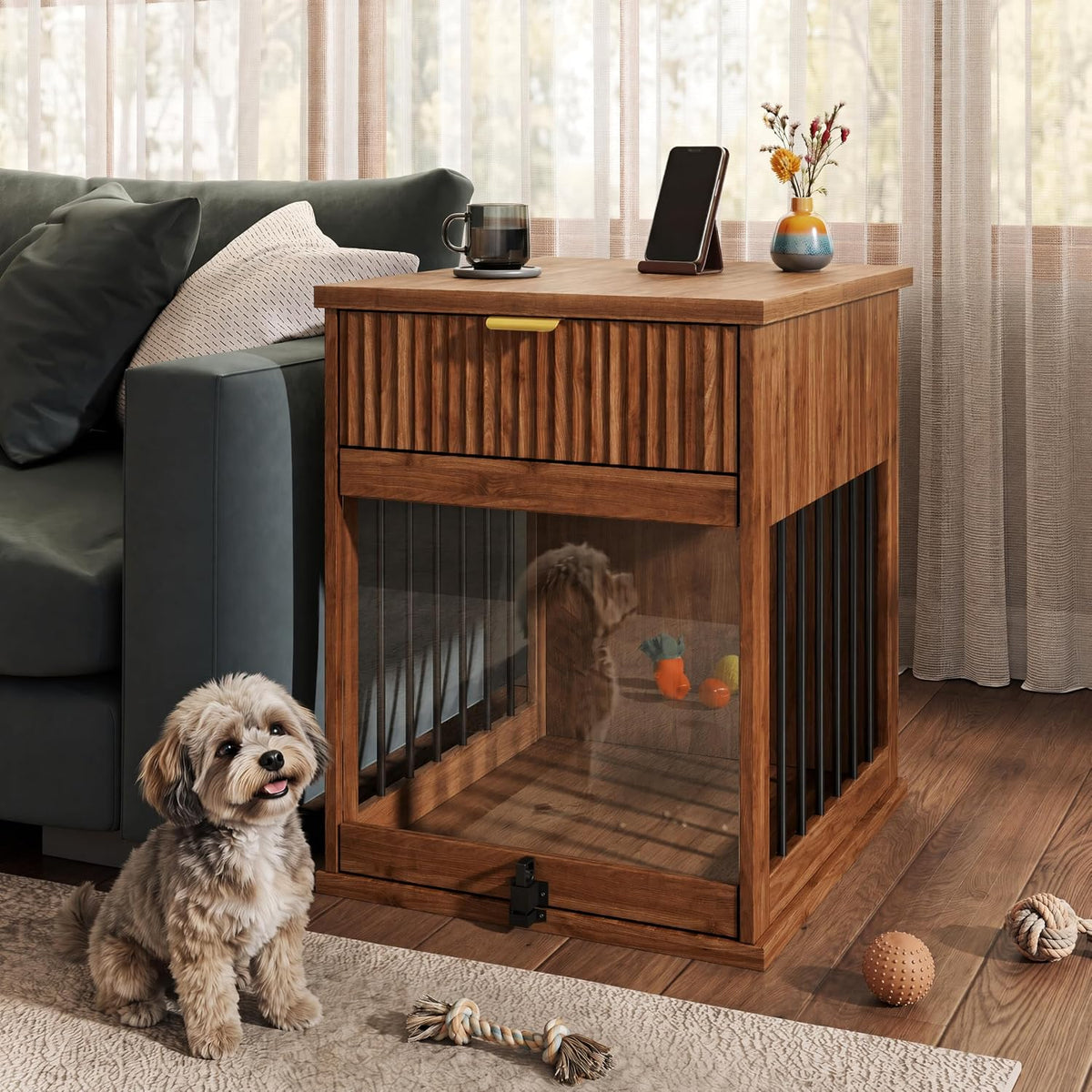 Antique grey wooden small dog kennel side table with glass door – view 2