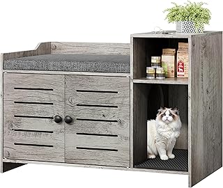Patikuin Hidden Cat Litter Box Enclosure Cabinet with Scratch Pad and Storage Shelf, Modern Wood, Teak Oak