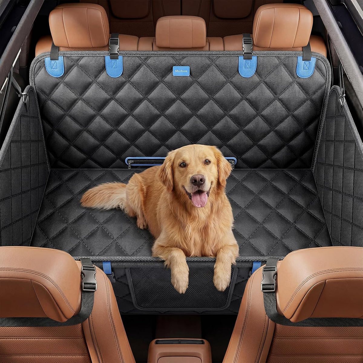 Black waterproof no-sag dog back seat hammock with rigid walls in a car