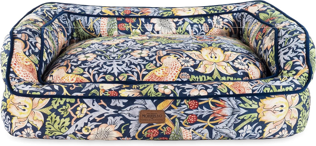 Dark blue printed pet sofa bed with high sides and cushion