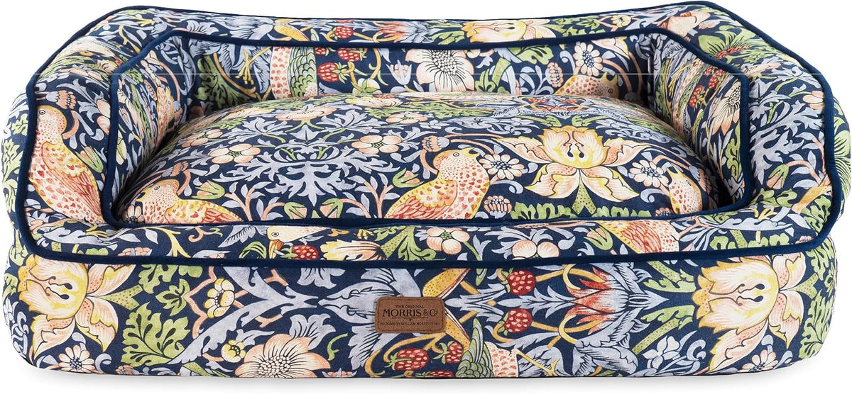Dark blue printed pet sofa bed with high sides and cushion