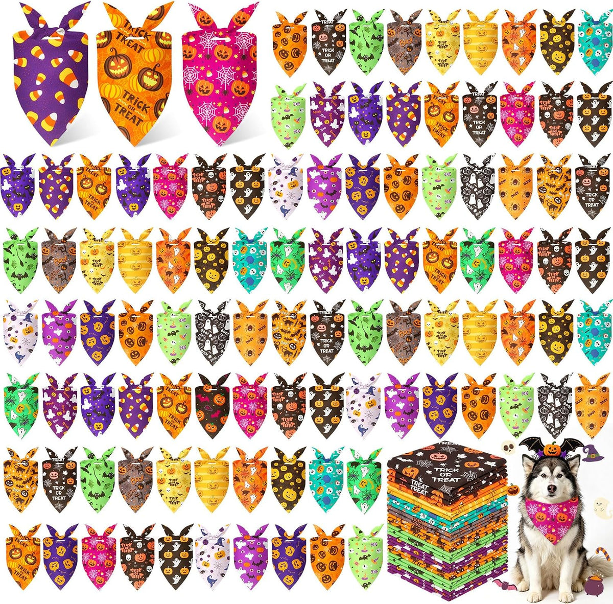 Assorted orange and black Halloween print triangle dog bandanas