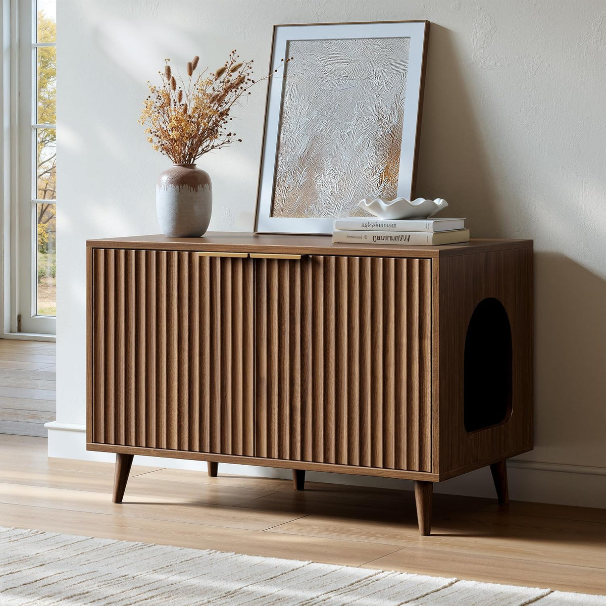 Walnut fluted litter box enclosure cabinet on legs