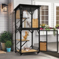 Black four-tier wooden window catio with asphalt roof and wheels