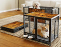 Rustic brown heavy duty dog crate with wheels and feeding bowls