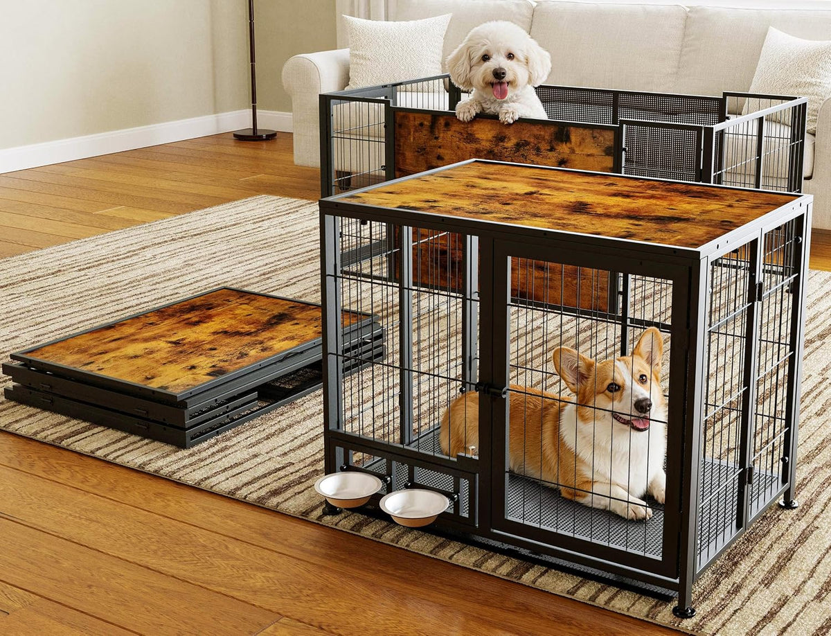 Rustic brown heavy duty dog crate with wheels and feeding bowls