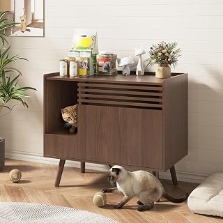 Vabches Cat Litter Box Enclosure, Mid-Century Walnut Hidden Cabinet with Scratch Pad and Flip-Down Opening