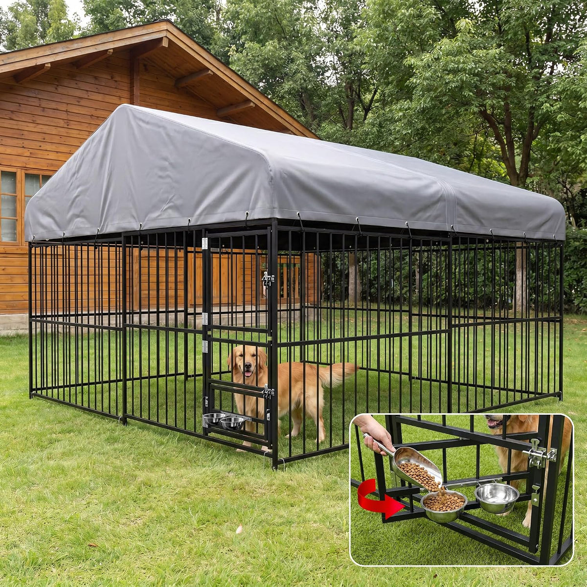 Black heavy duty outdoor dog kennel run with roof cover in a backyard – view 3