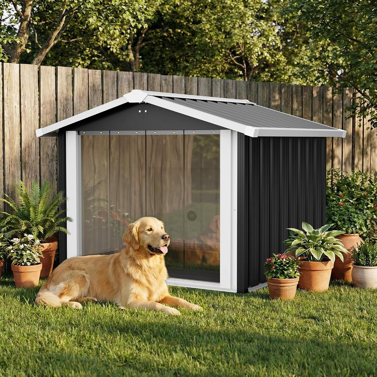 Black metal outdoor dog house with slanted roof and clear PVC door curtain