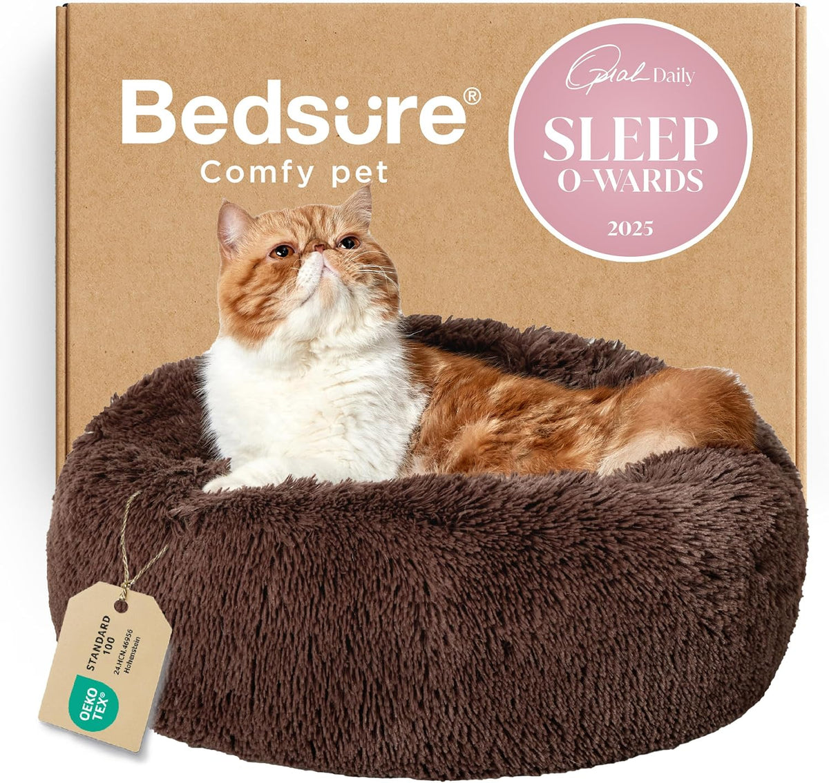 Coffee brown round faux fur donut cat bed