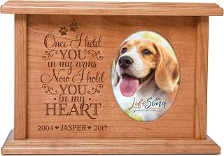 LifeSong Milestones Personalized Pet Cremation Urn Box, Cherry Wood, Engraved, Holds 2x3 Photo
