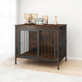 Dark brown wood and steel dog crate furniture with two doors