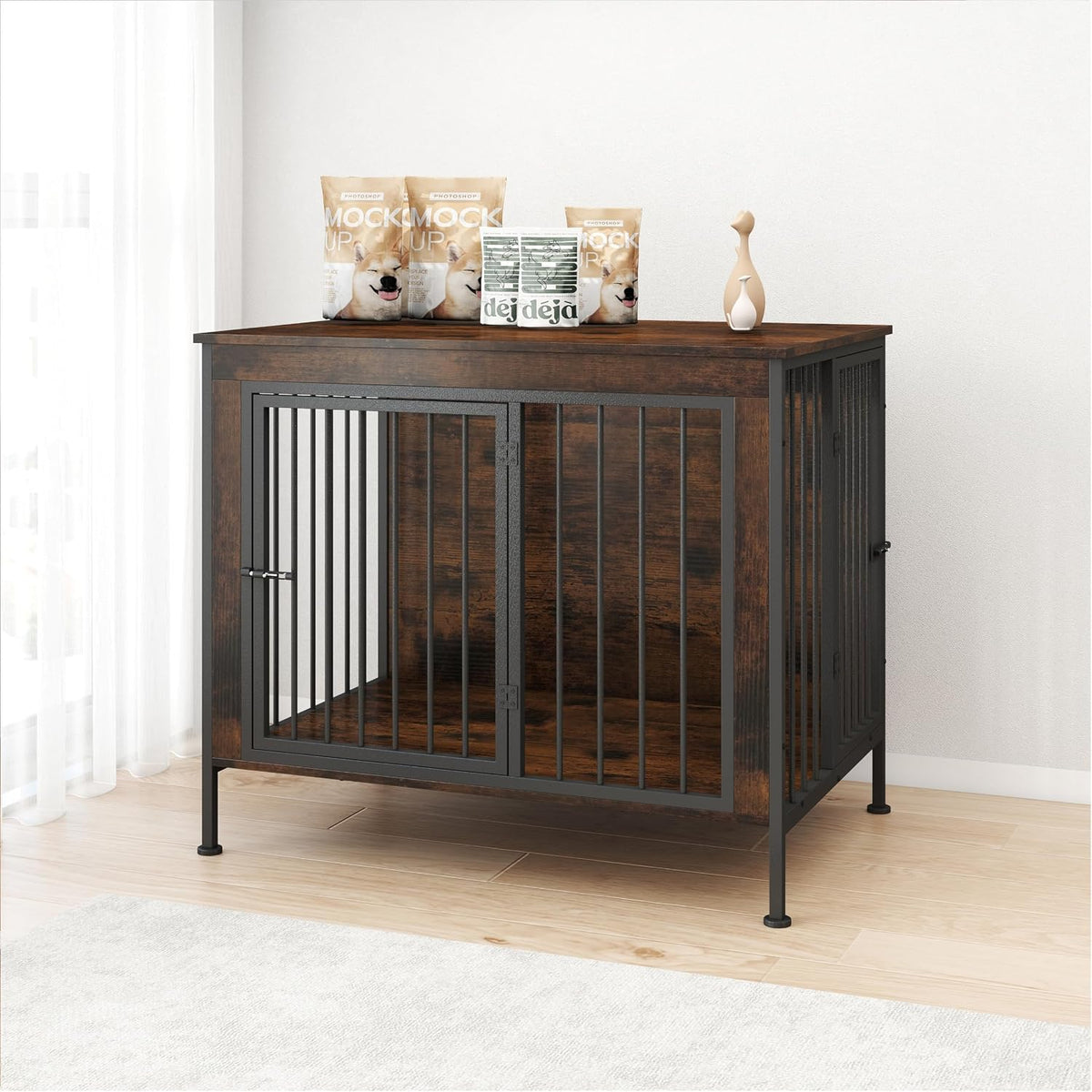 Dark brown wood and steel dog crate furniture with two doors