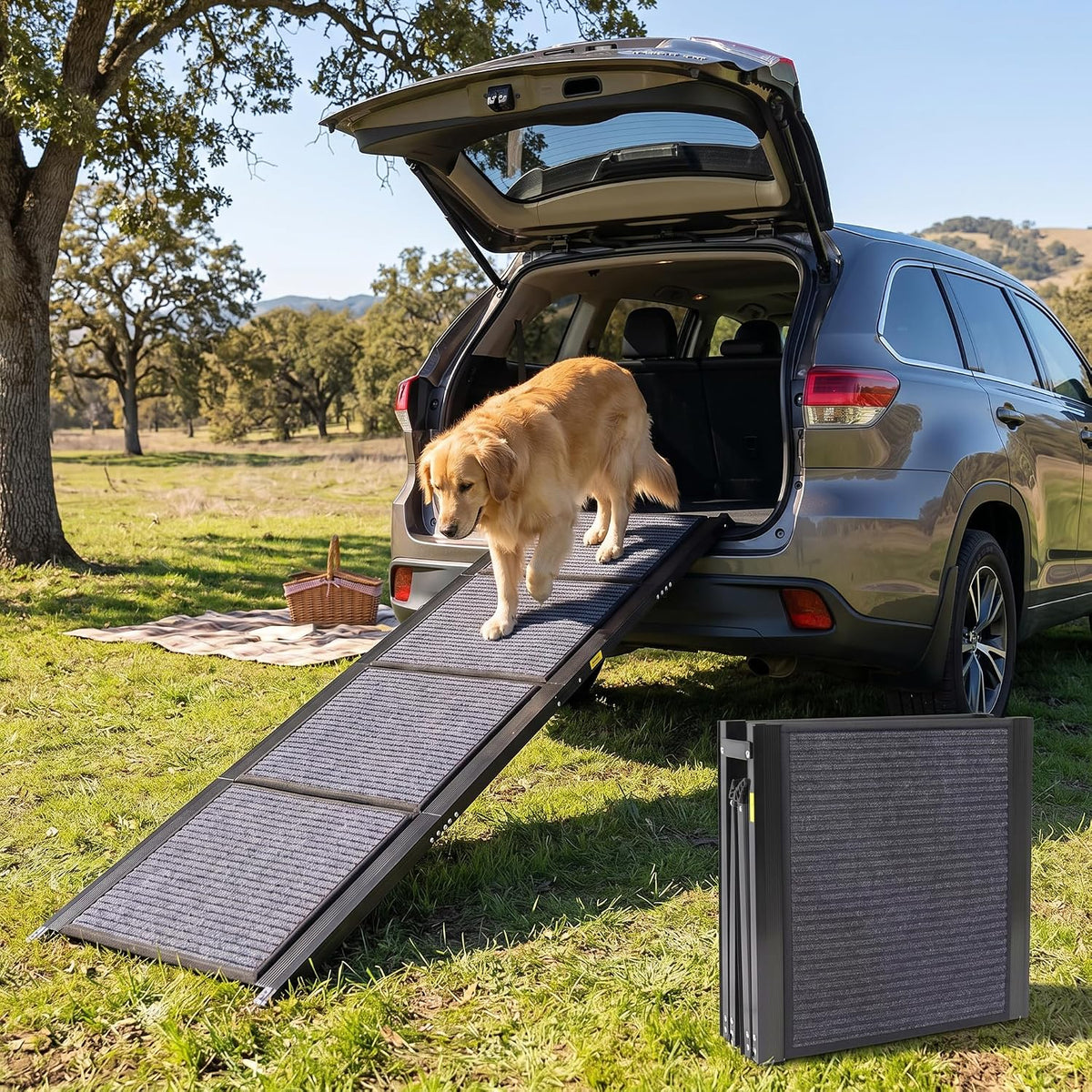 Folding aluminum dog ramp with gray rug surface leaning on an SUV