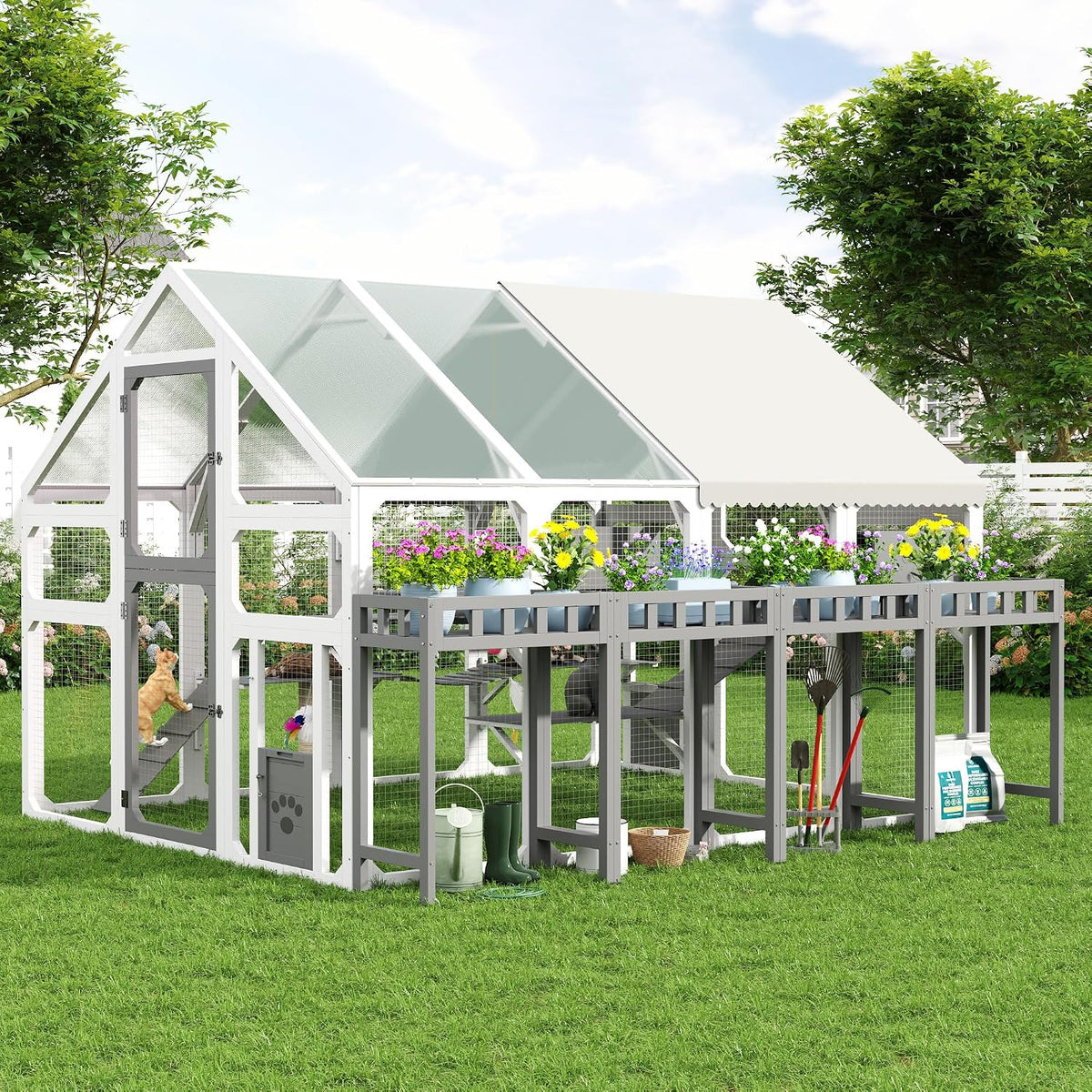 Large metal wire outdoor cat enclosure with platforms, napping houses and roof – view 3