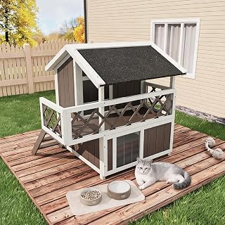 Weatherproof 2-Story Outdoor Cat House with Balcony and Non-Slip Mesh