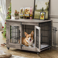 Grey wooden medium dog crate end table with wheels and cushion