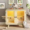 Beige TV-style cat litter box enclosure with RGB light and glass doors