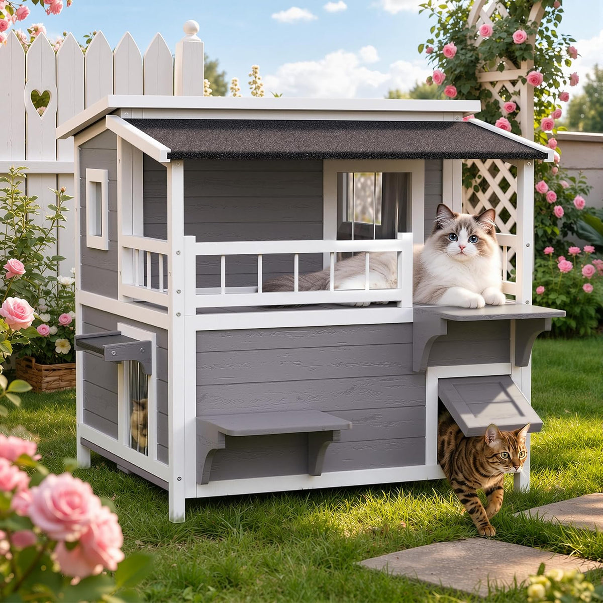 Two-story wooden outdoor cat house with balcony