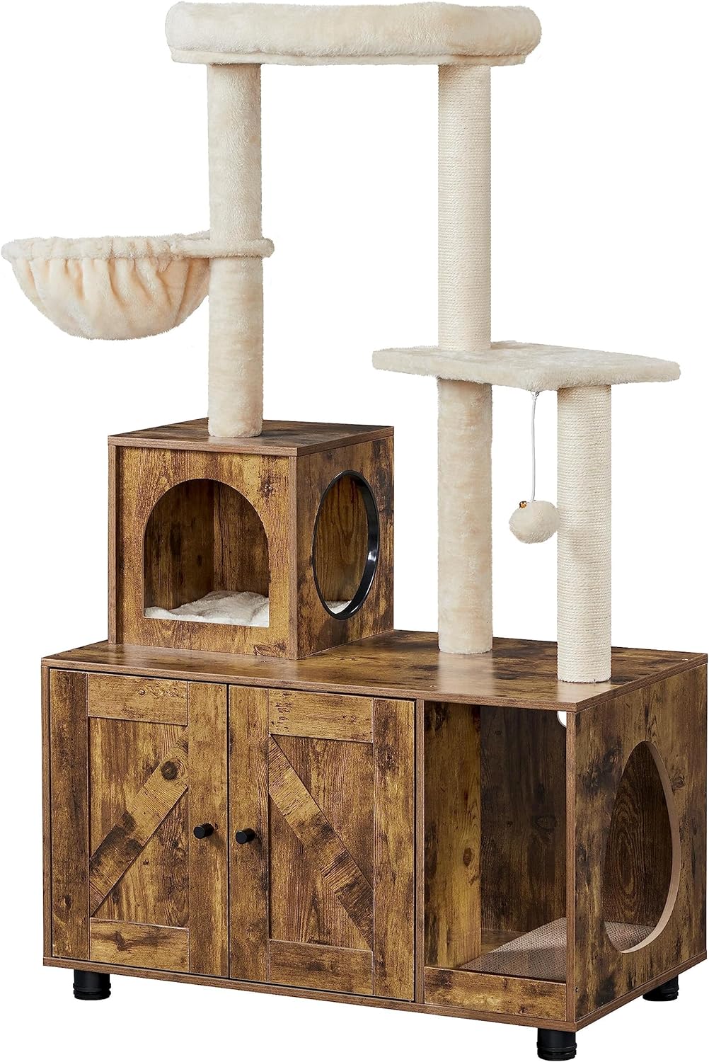 Rustic brown litter box cabinet with cat tree, condo and top perch