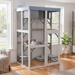 Wooden Indoor Catio Cat Enclosure with 6 Platforms and 2 Napping Houses