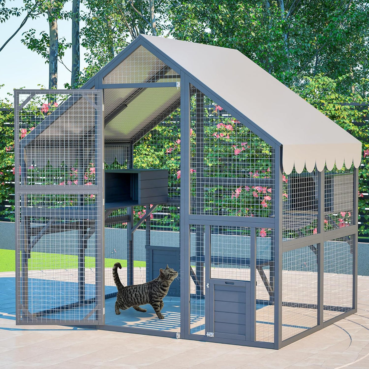74-inch wooden walk-in outdoor catio with sleeping houses and bridges