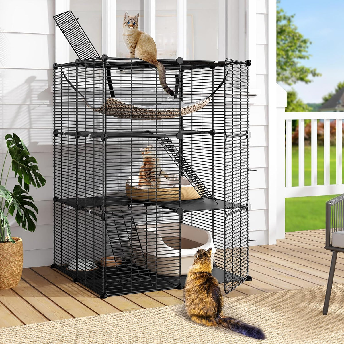 Three-tier metal cat cage playpen with platforms and large hammock