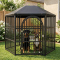 Black hexagonal metal outdoor dog kennel with waterproof roof