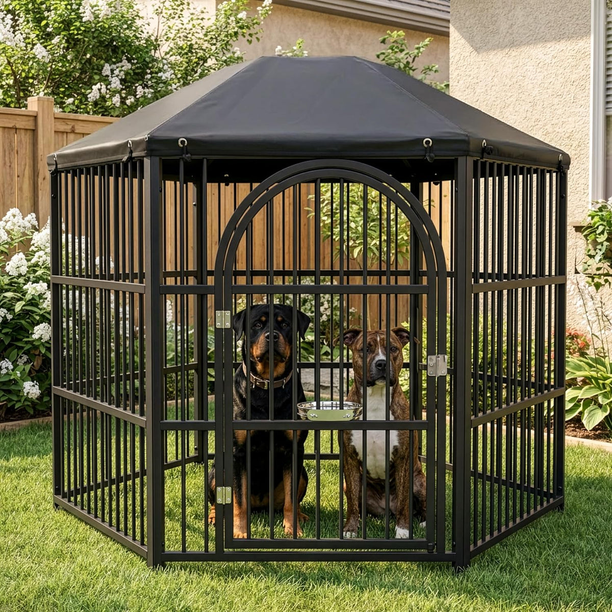 Black hexagonal metal outdoor dog kennel with waterproof roof