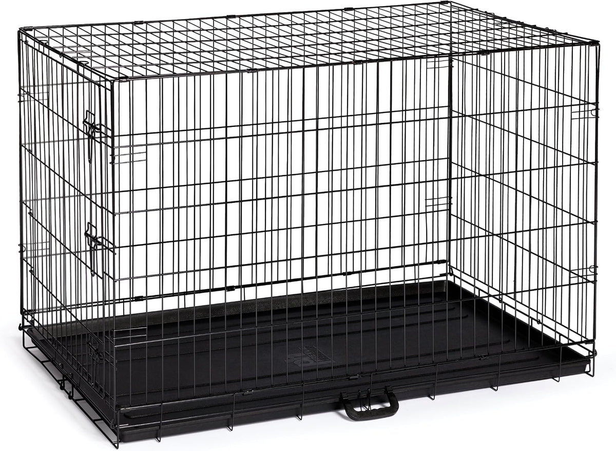 Black extra large collapsible wire dog crate with single door and plastic pan