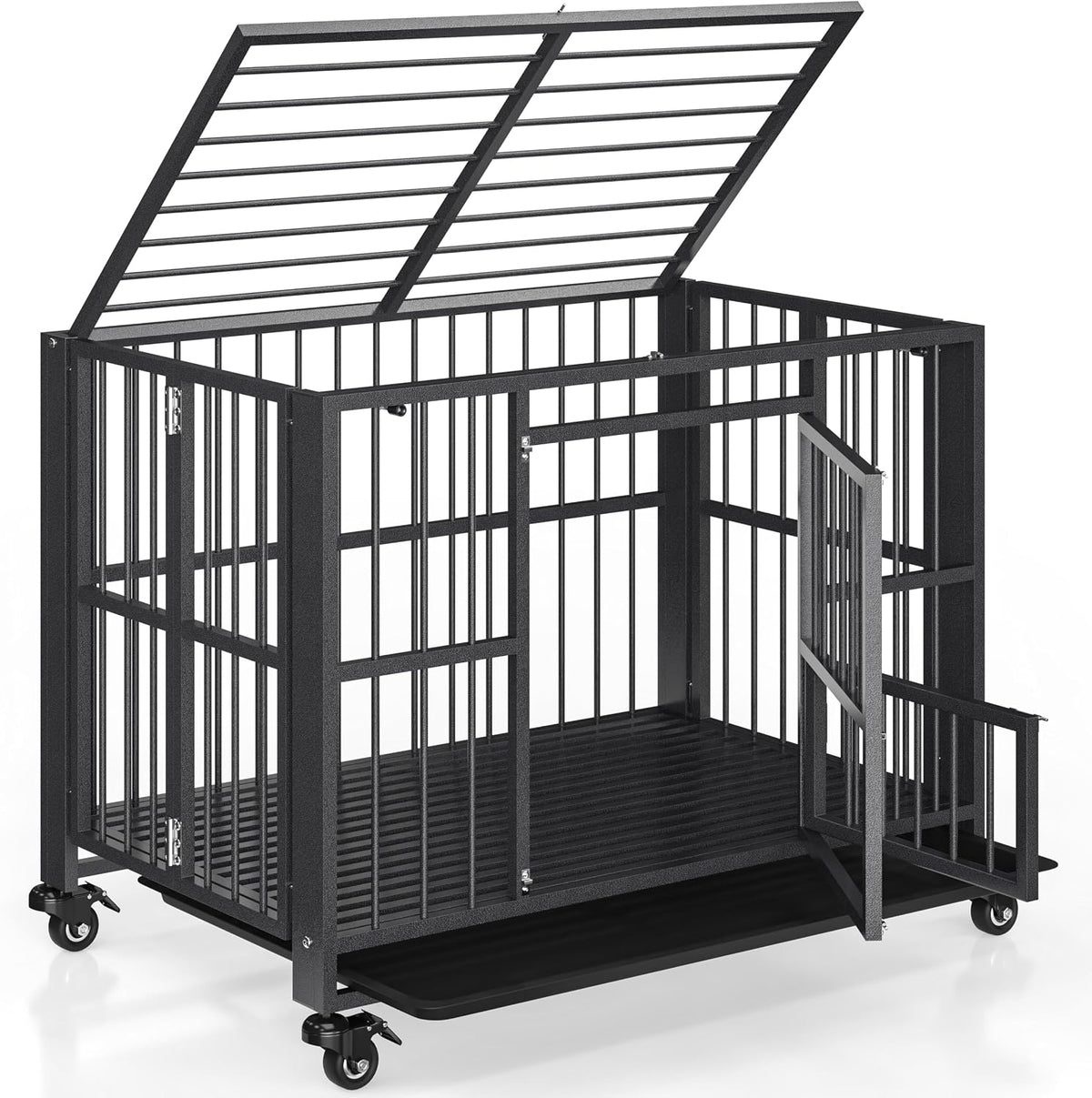 43 inch heavy duty foldable dog crate with double doors and lockable wheels