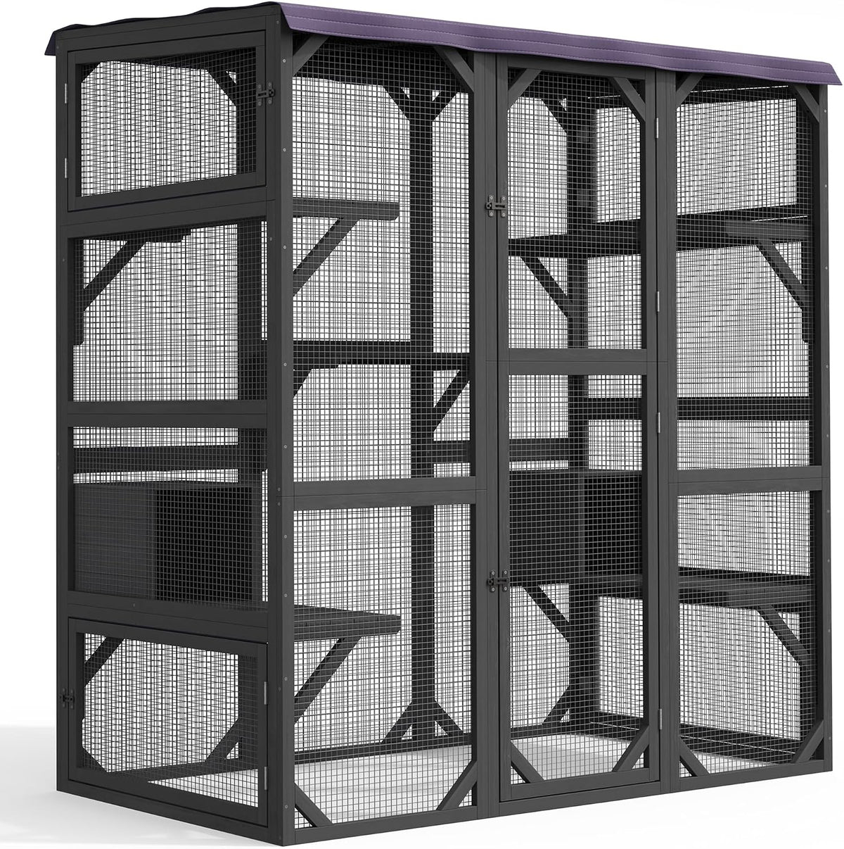 Black walk-in catio enclosure with tarp roof on a garden patio