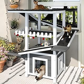 4-Tier Outdoor Cat House, Weatherproof, Waterproof Roof, 2 Doors, Balcony, Grey and White
