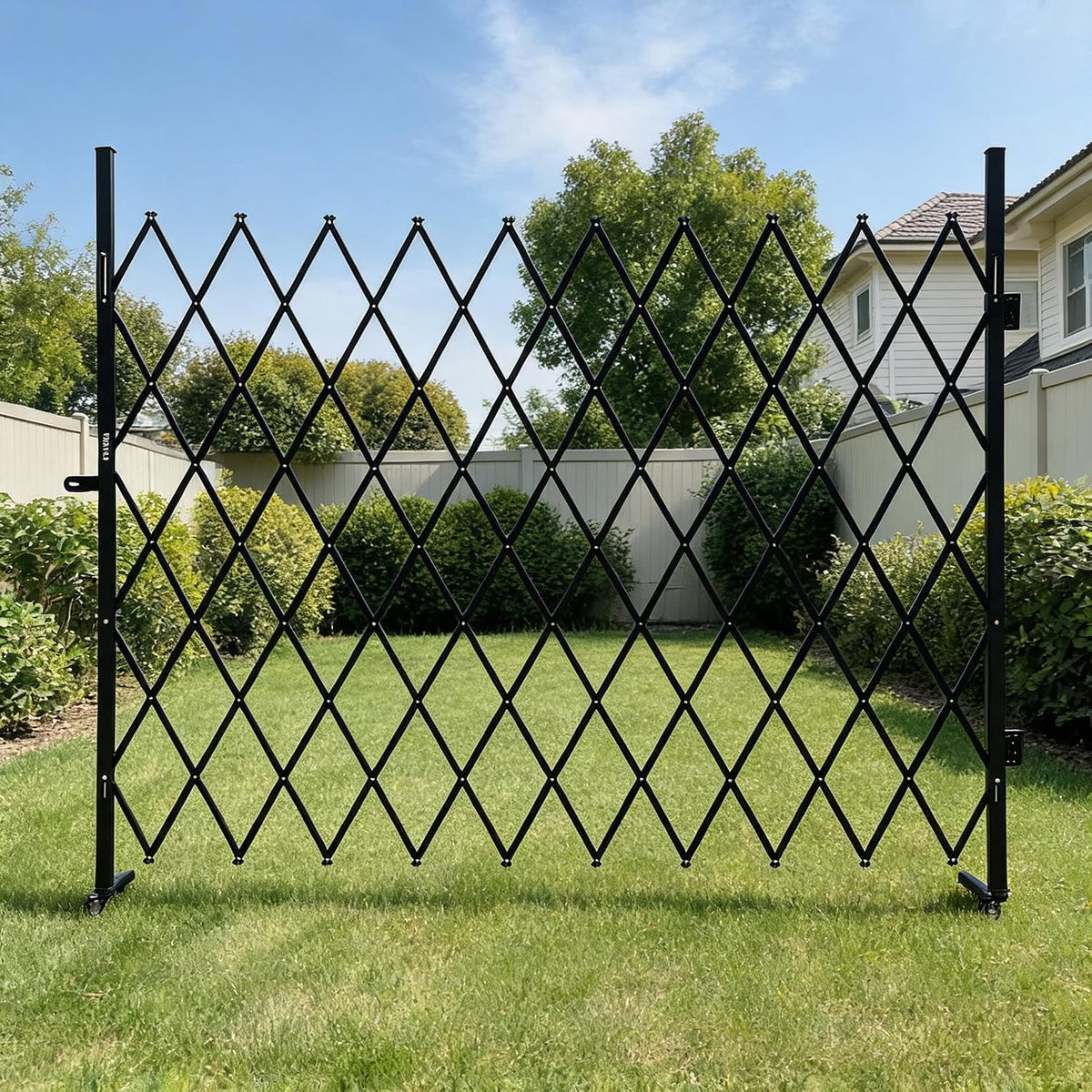 Expandable aluminum safety barricade with warning board on casters – view 11
