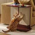 Cherry end table with sisal cat scratch panel beside a couch