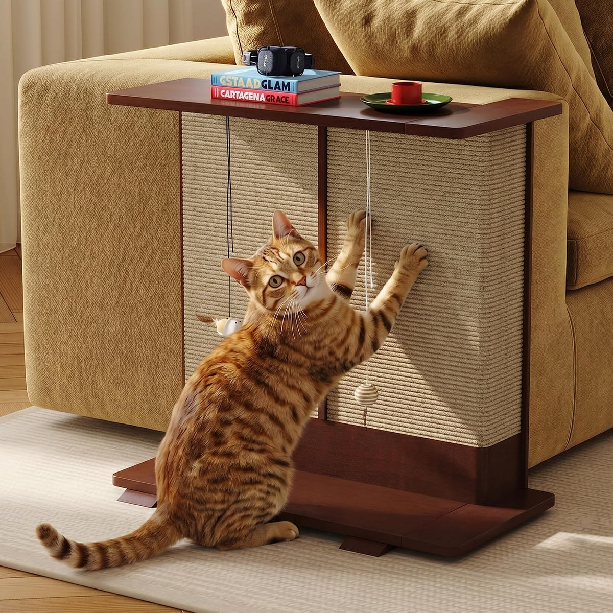Cherry end table with sisal cat scratch panel beside a couch
