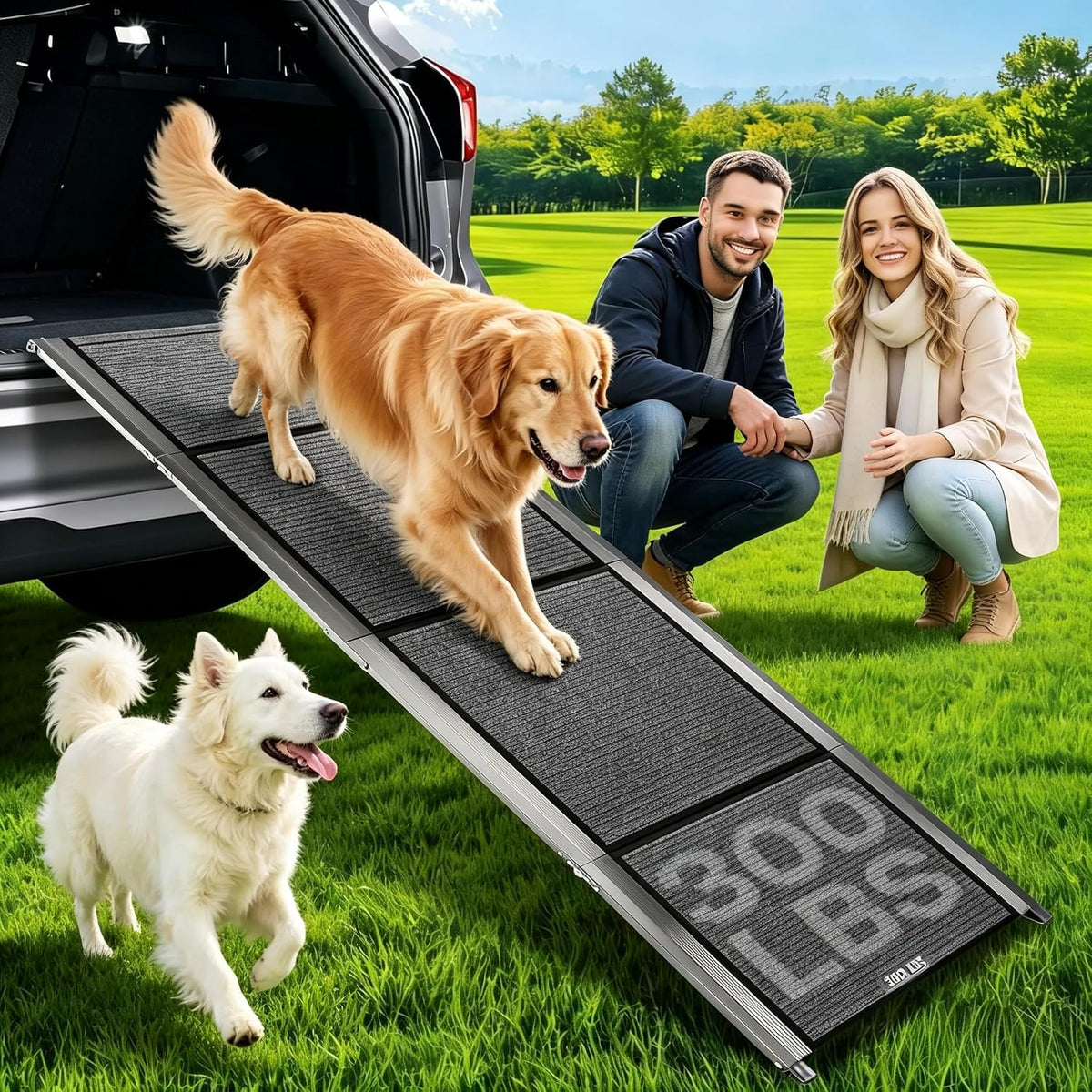 Long folding dog ramp with black felt surface leading into an SUV – view 2
