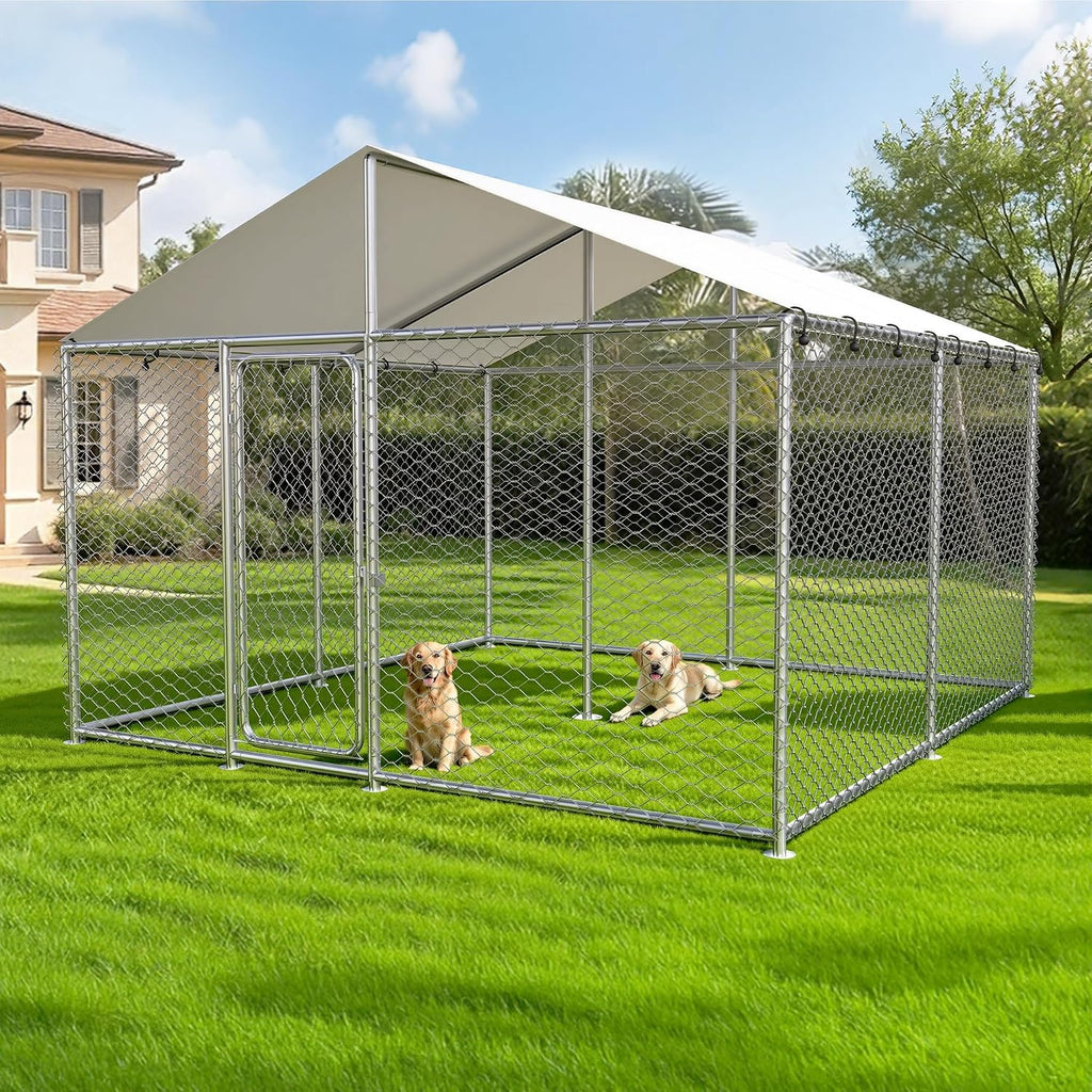 Large metal outdoor dog run enclosure with waterproof roof in a backyard