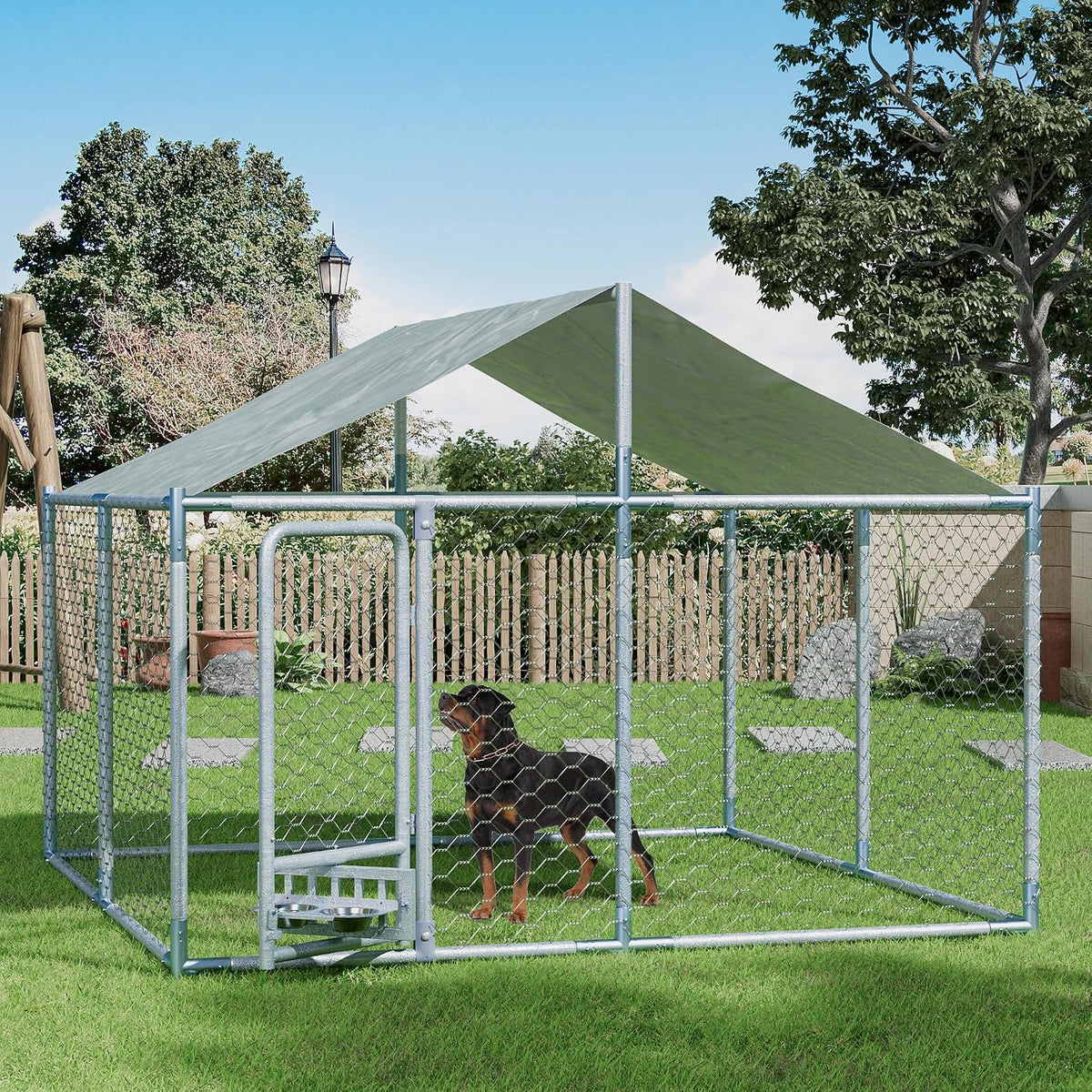 10 by 10 foot galvanized outdoor dog kennel with roof cover and rotating feeder – view 2