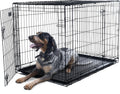 Black metal two door folding dog crate with divider panel, 42 inches