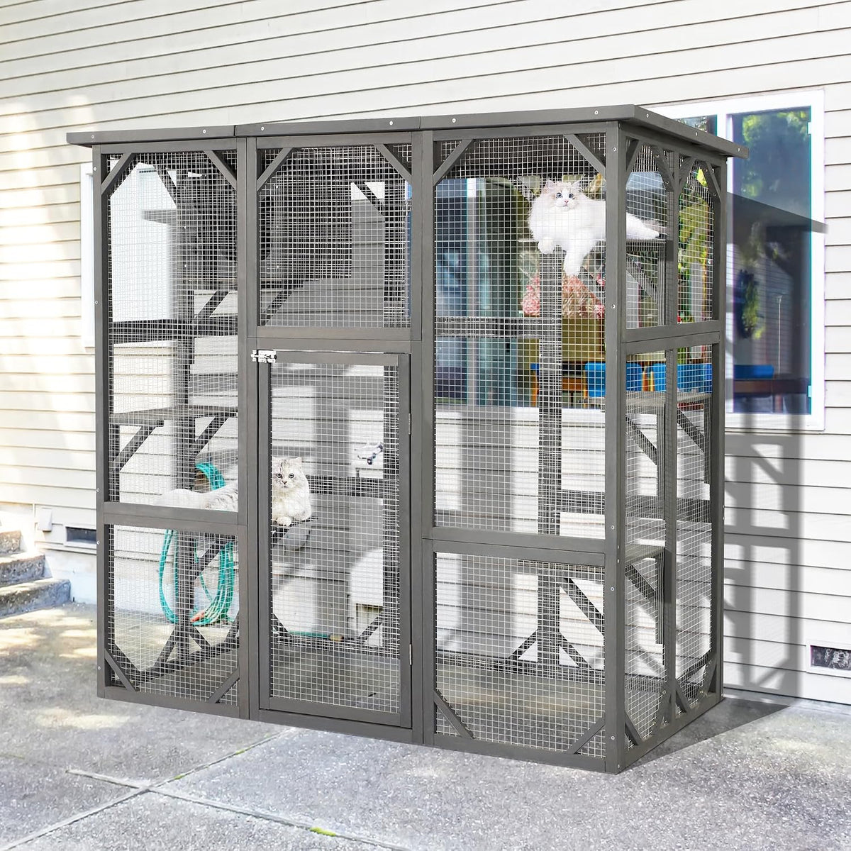 Grey wooden catio with five platforms and removable litter box