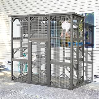 Grepatio Catio Outdoor Cat Enclosure, Weatherproof Wood Catio House with 5 Platforms and 1 Removable Litter Box, Grey