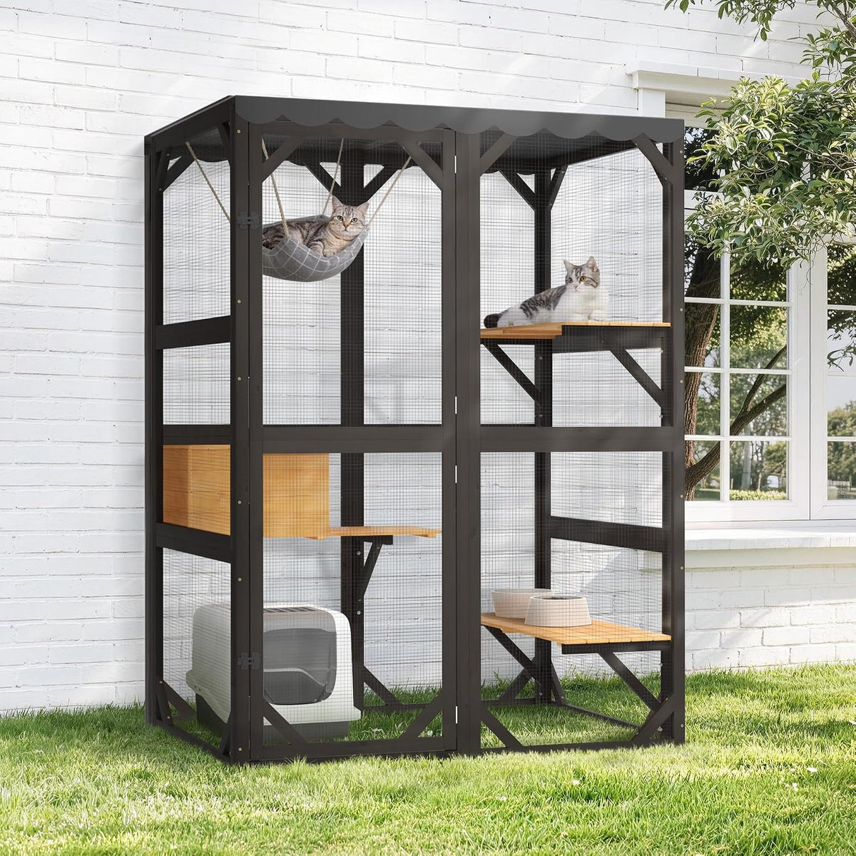 Black and brown 69.3 inch walk-in wooden catio with weatherproof roof