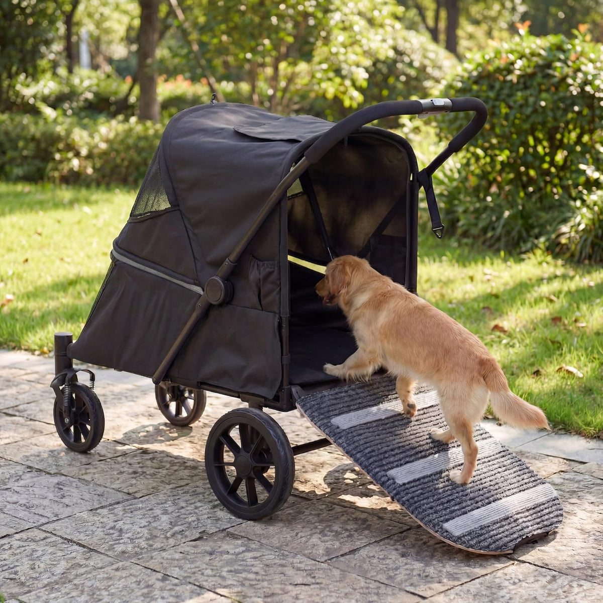 Khaki oversized dog stroller with mesh cover and access ramp