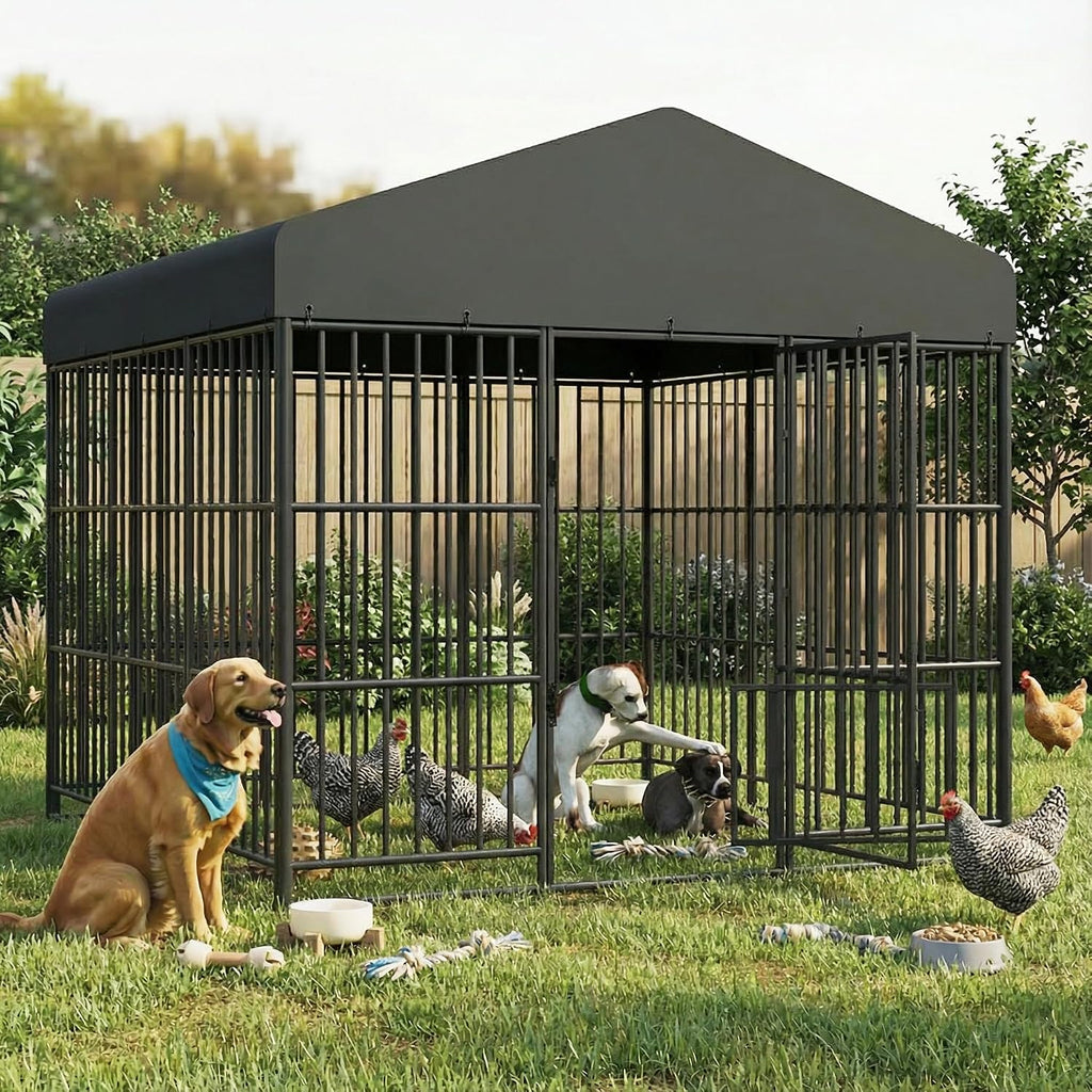 Large metal outdoor dog kennel with waterproof roof and double locking door